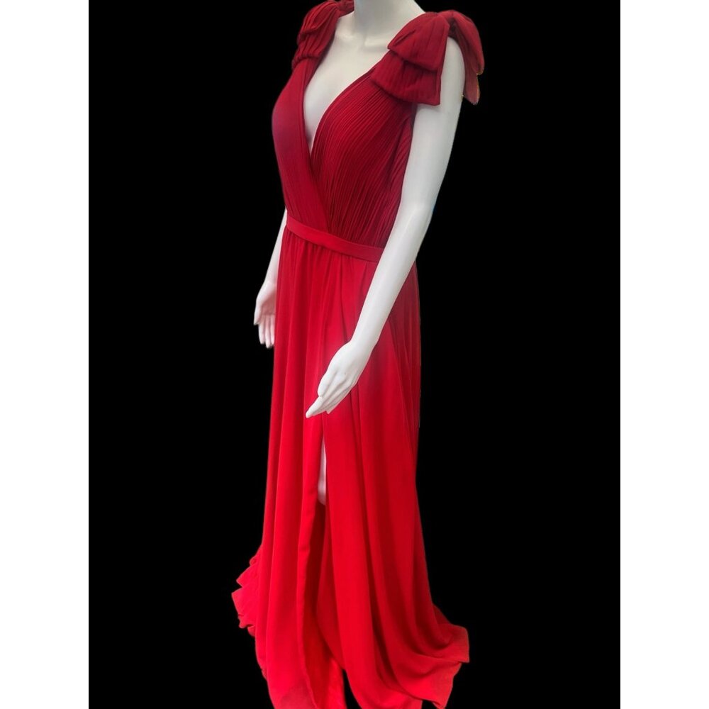 Flowy Red Evening Gown With Pleated V-Neck Bodice Dramatic Shoulder Bows & Back
